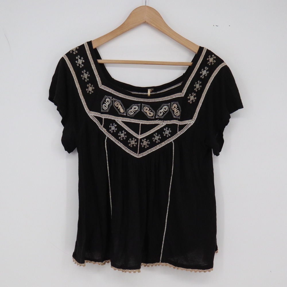 Free People Linen Top Womens Small Petite Black Embroidered Boho Flutter